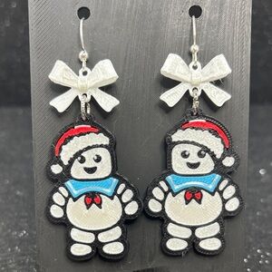 Stay Puft Marshmallow Man Christmas Earrings with White Bows